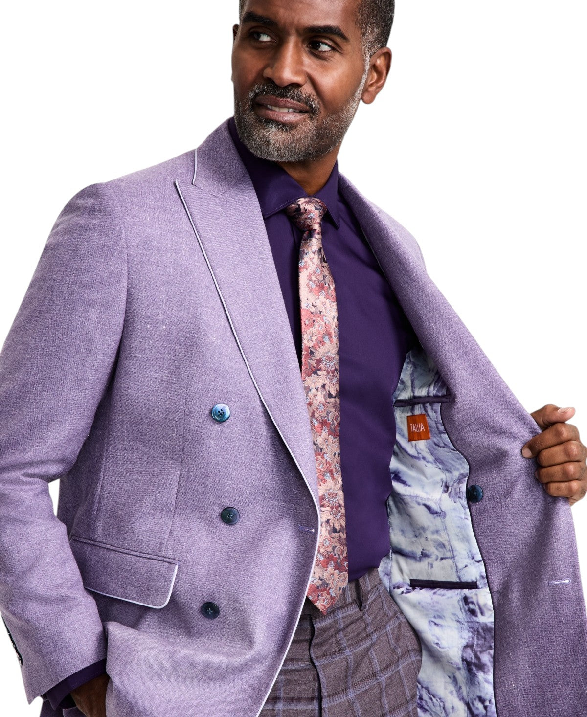 Tallia Mens Slim fit Wool Linen Double Breasted Suit Jacket Blazer 40 S Purple