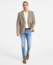 Nautica Mens Modern fit Linen Sport Coat Blazer 42 S Tan Beige Plaid Stretch