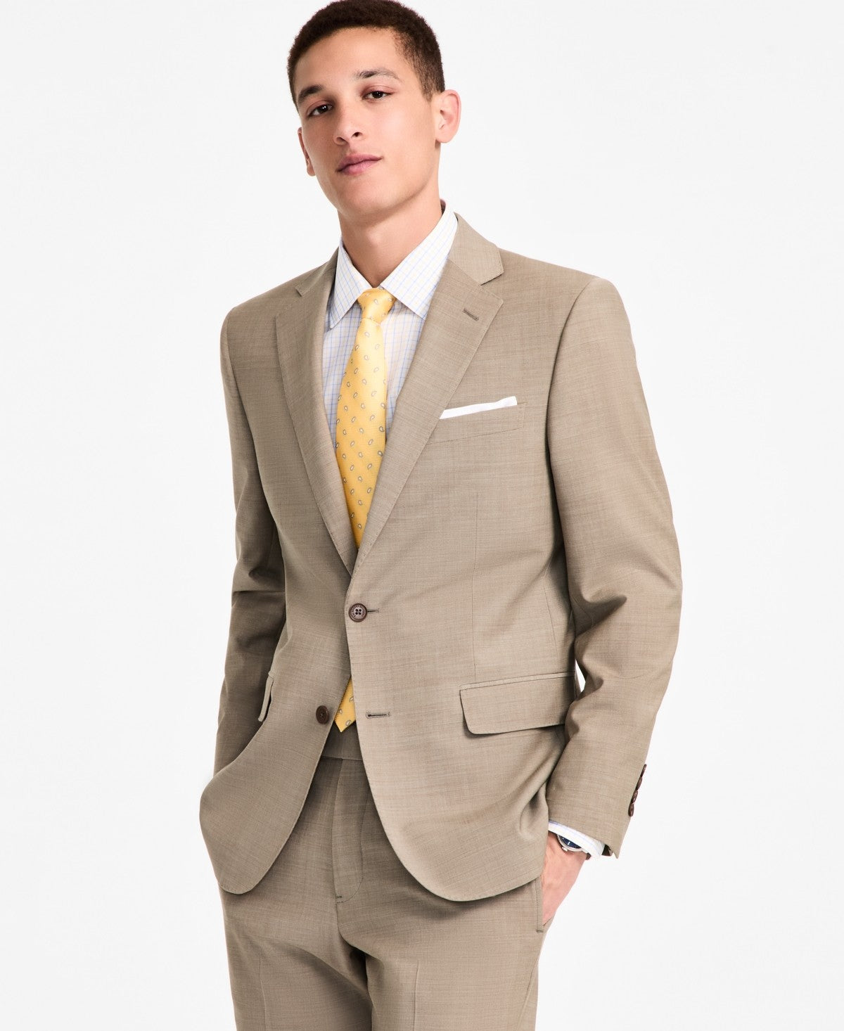 Brooks Brothers Mens Classic fit Suit Jacket Blazer 46 L Beige Solid Stretch
