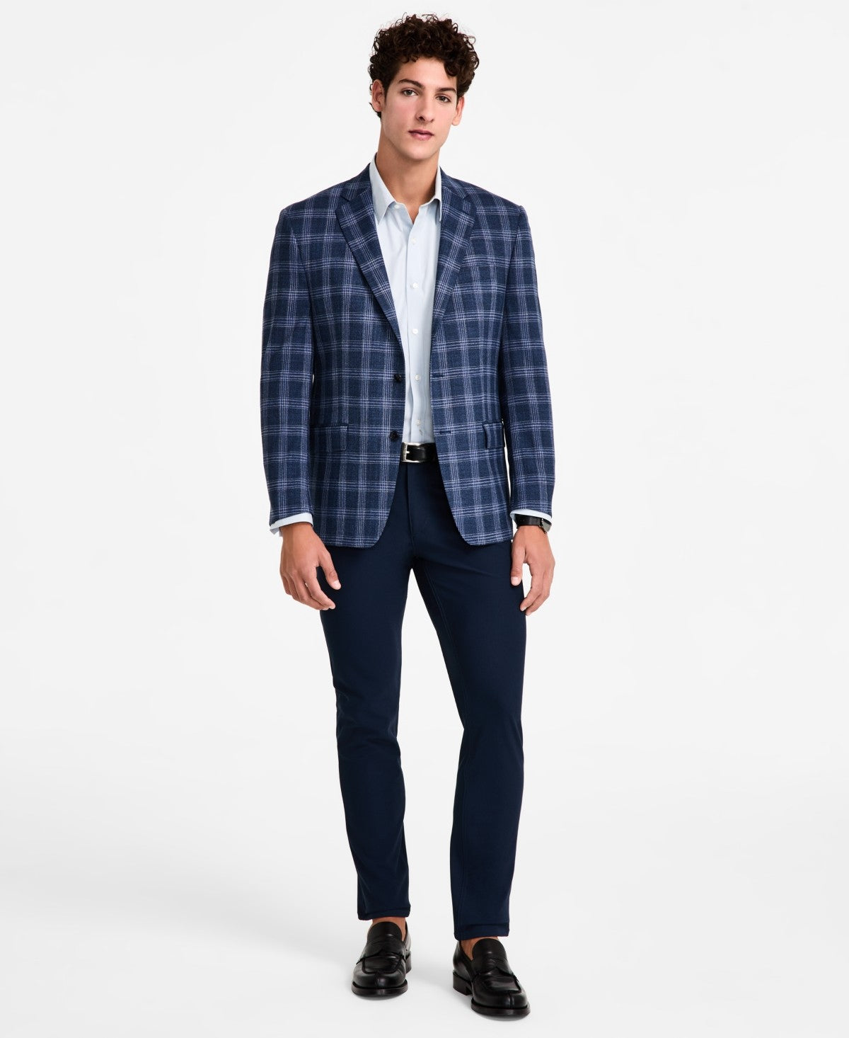 Michael Kors Mens Classic fit Sport Coat Blazer 48 R Navy Blue Plaid Stretch