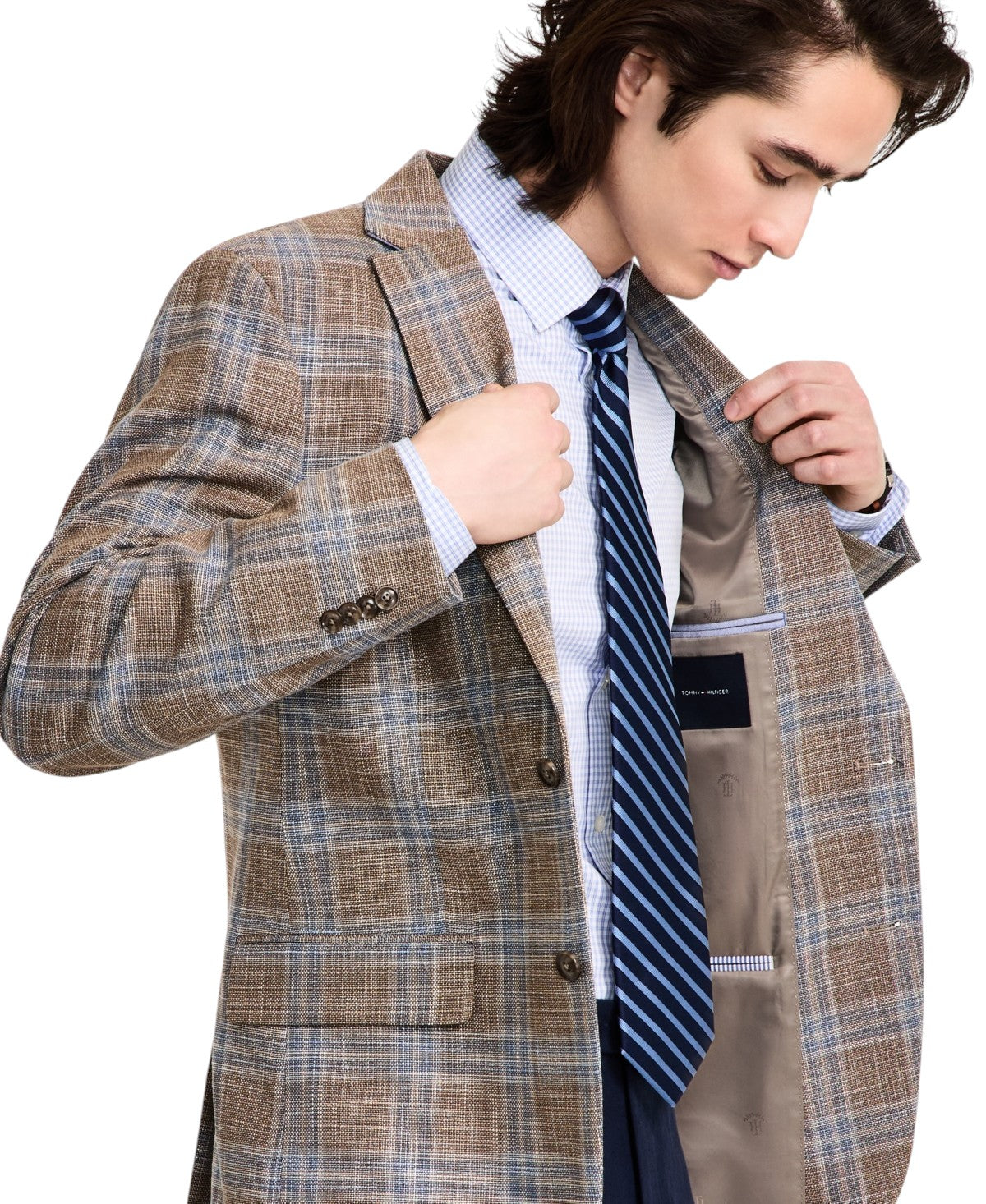 Tommy Hilfiger Mens Modern fit Sport Coat Blazer 38 R Tan Blue Plaid