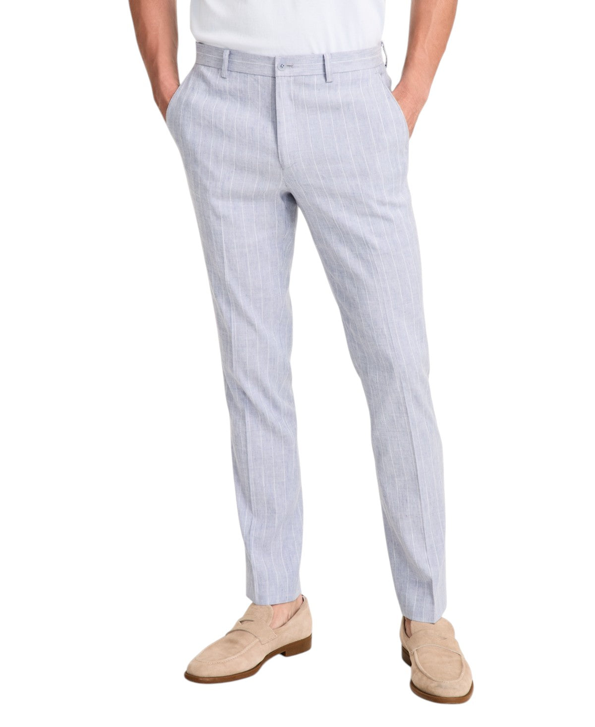 Calvin Klein Mens Skinny fit Dress Pants 32 / 34 Light Blue Striped Linen