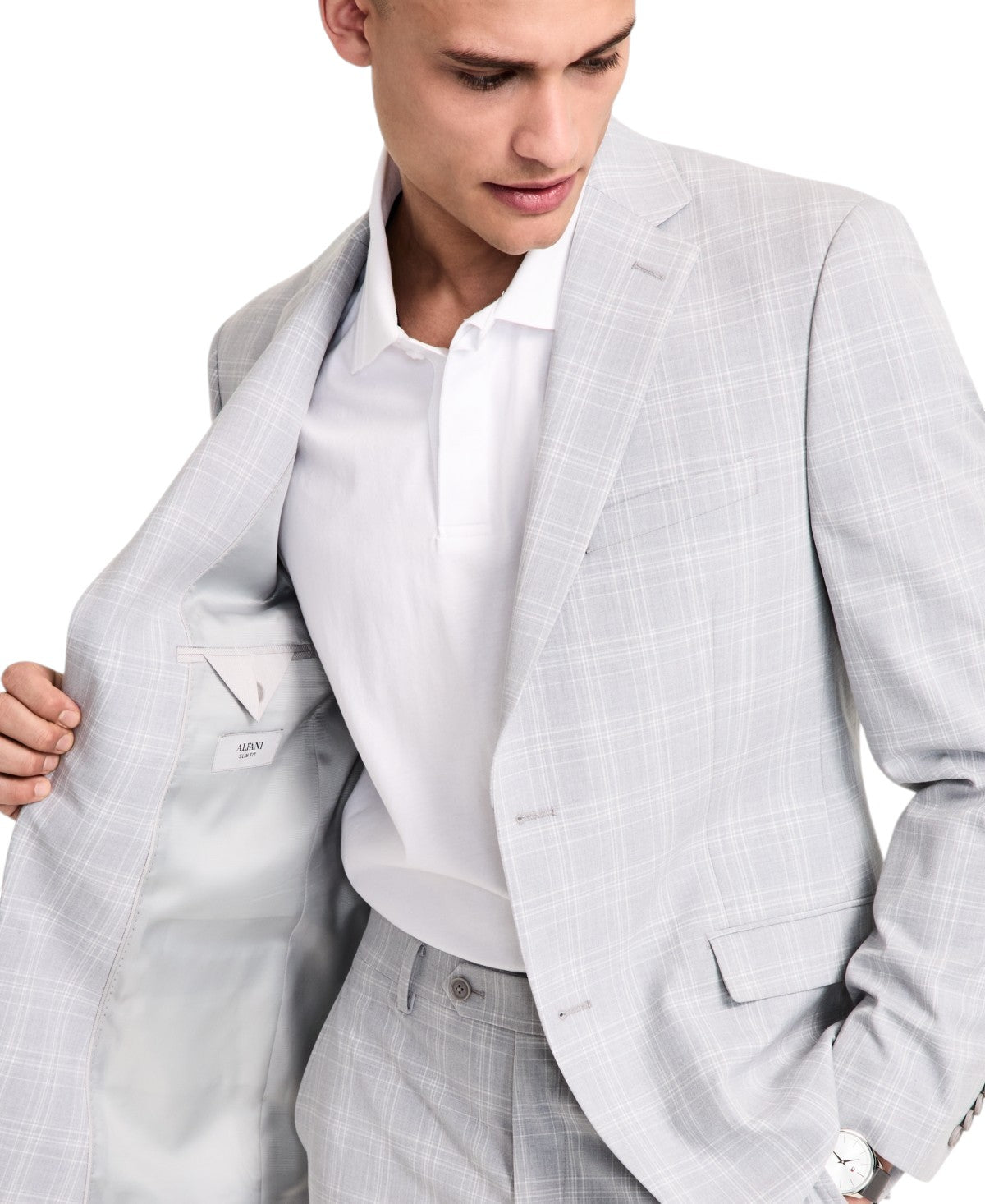 Alfani Mens Slim fit Suit Jacket Blazer 42 R Light Gray Plaid
