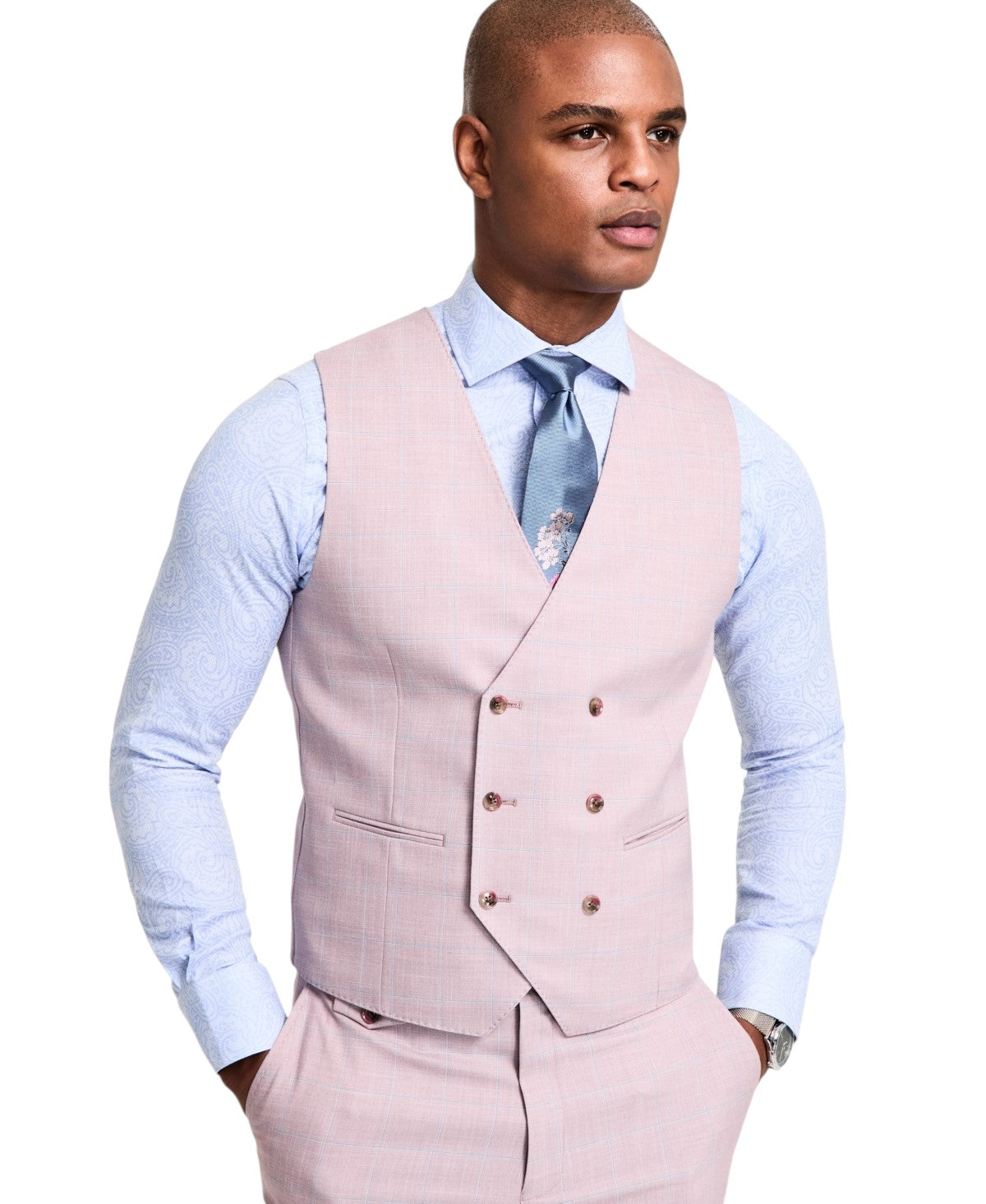 Tayion Mens Regular fit Double Breasted Button-Up Suit Vest XL Pink Plaid