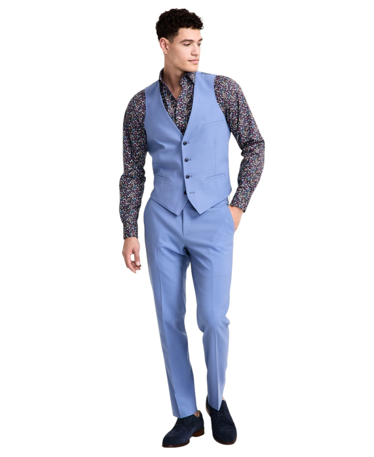 Bar Iii Mens Slim fit Button-Up Suit Vest Large Steel Blue Solid Stretch
