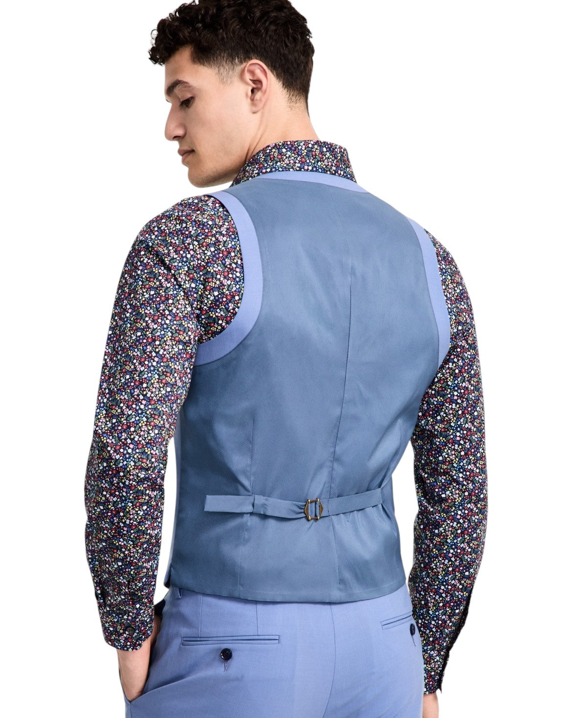 Bar Iii Mens Slim fit Button-Up Suit Vest Large Steel Blue Solid Stretch