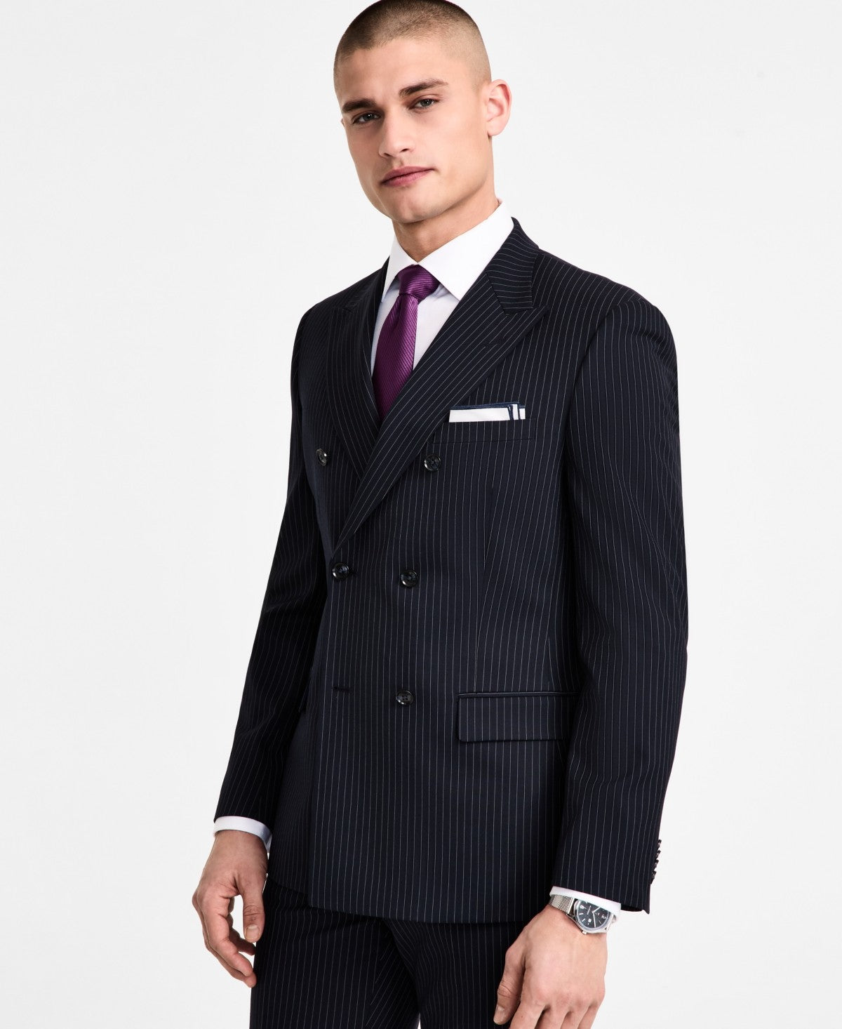 Alfani Mens Slim-Fit Pinstripe Double-Breasted Suit Jacket Blazer 44R Navy Blue