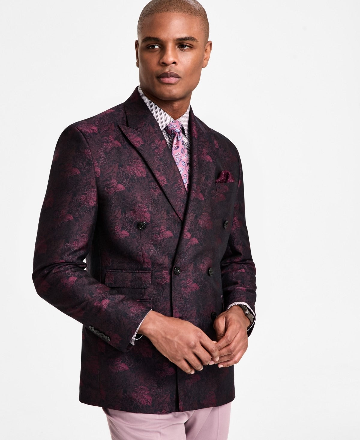 Tayion Mens Classic fit Double Breasted Suit Jacket Blazer 46 R Red Floral