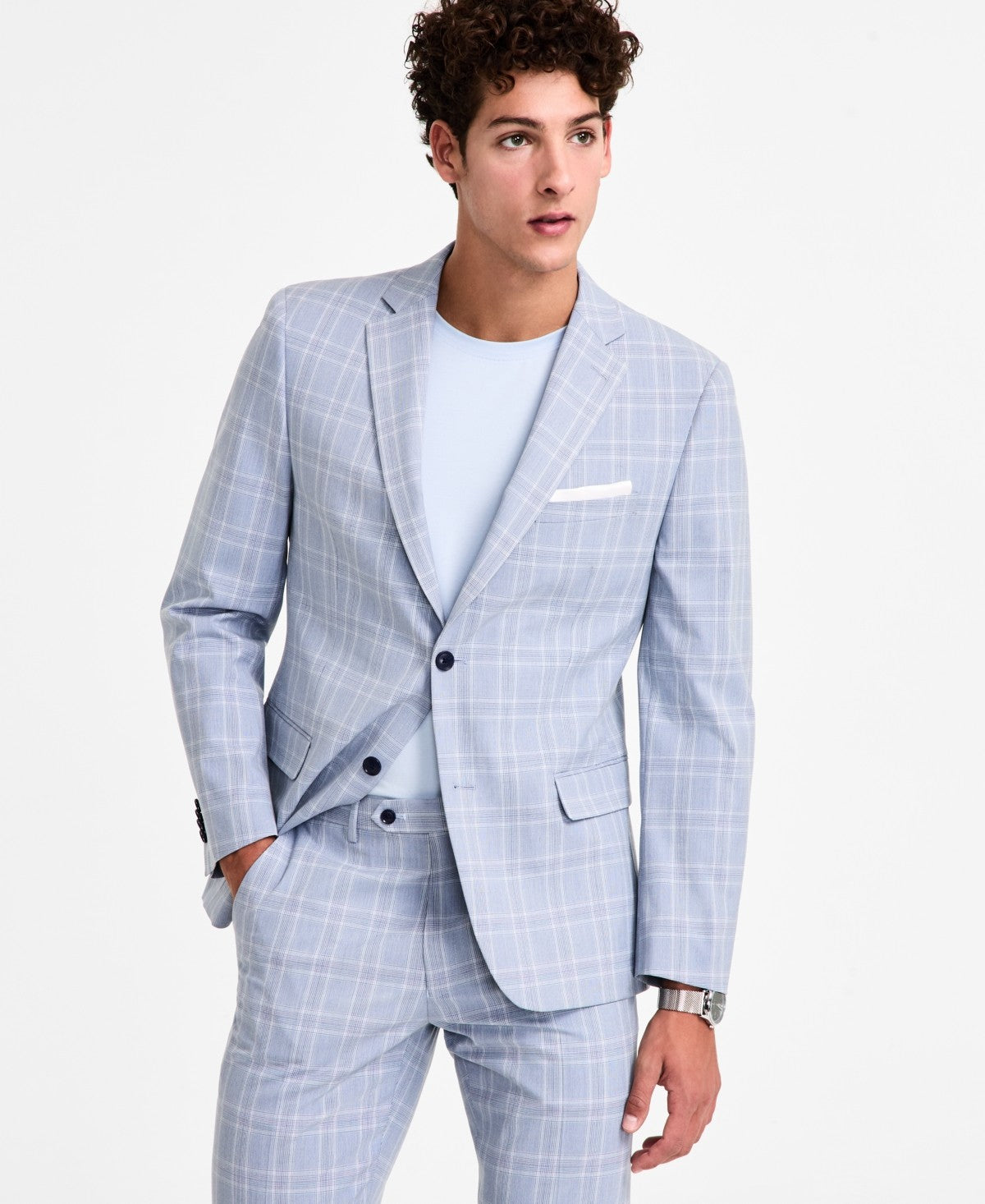 Alfani Mens Slim fit Suit Jacket Blazer 38 S Light Blue Plaid Stretch