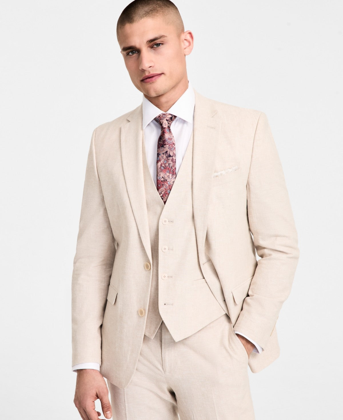 Bar Iii Mens Slim fit Suit Jacket Blazer 44 R Beige Solid