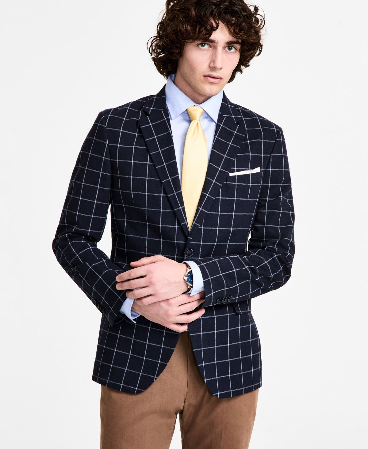Nautica Mens Modern fit Sport Coat Blazer 44 S Navy Blue Plaid Stretch