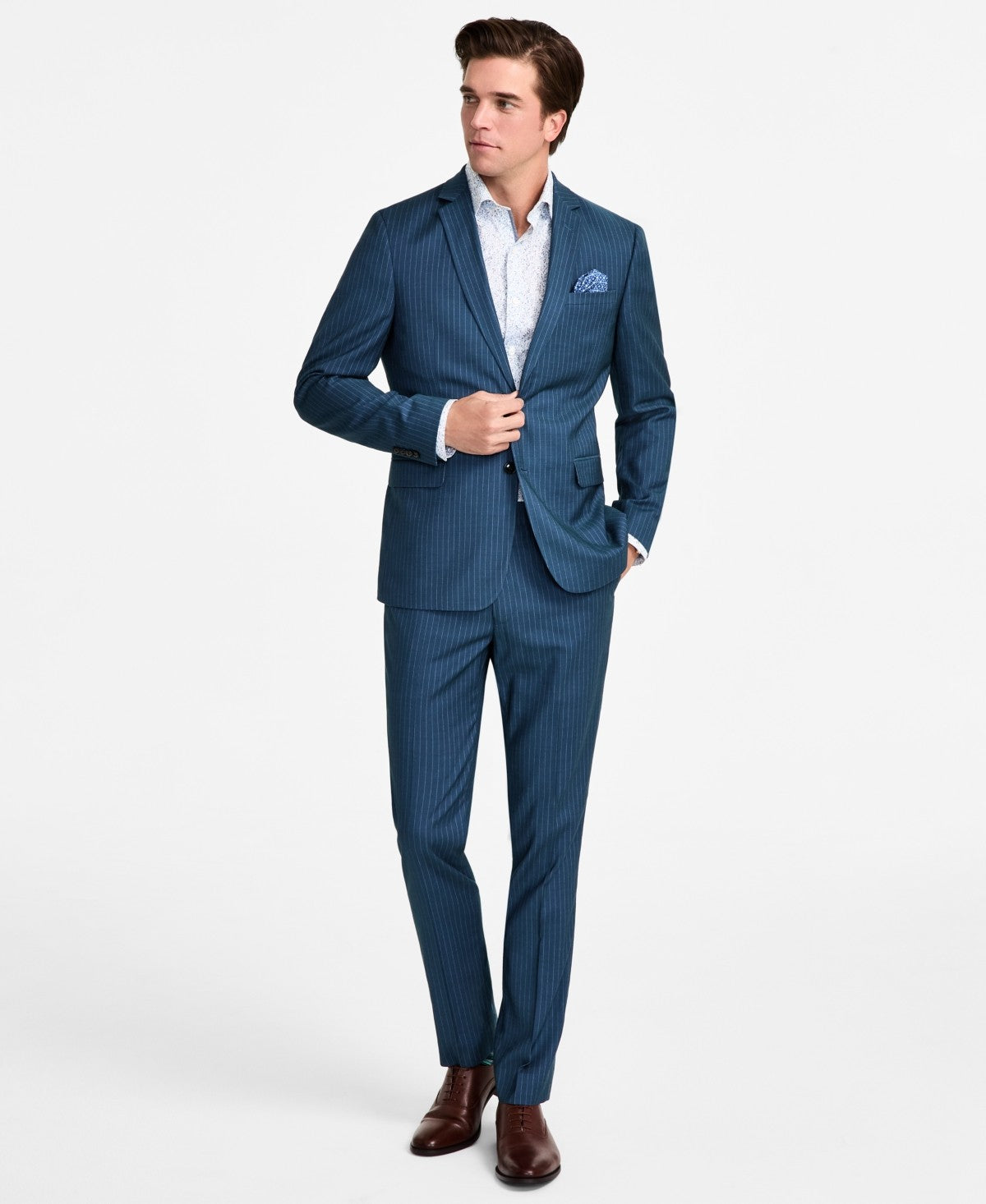 Nick Graham Mens Slim fit 2 Piece Suit 46 L / 39 Waist Teal Blue Striped Stretch