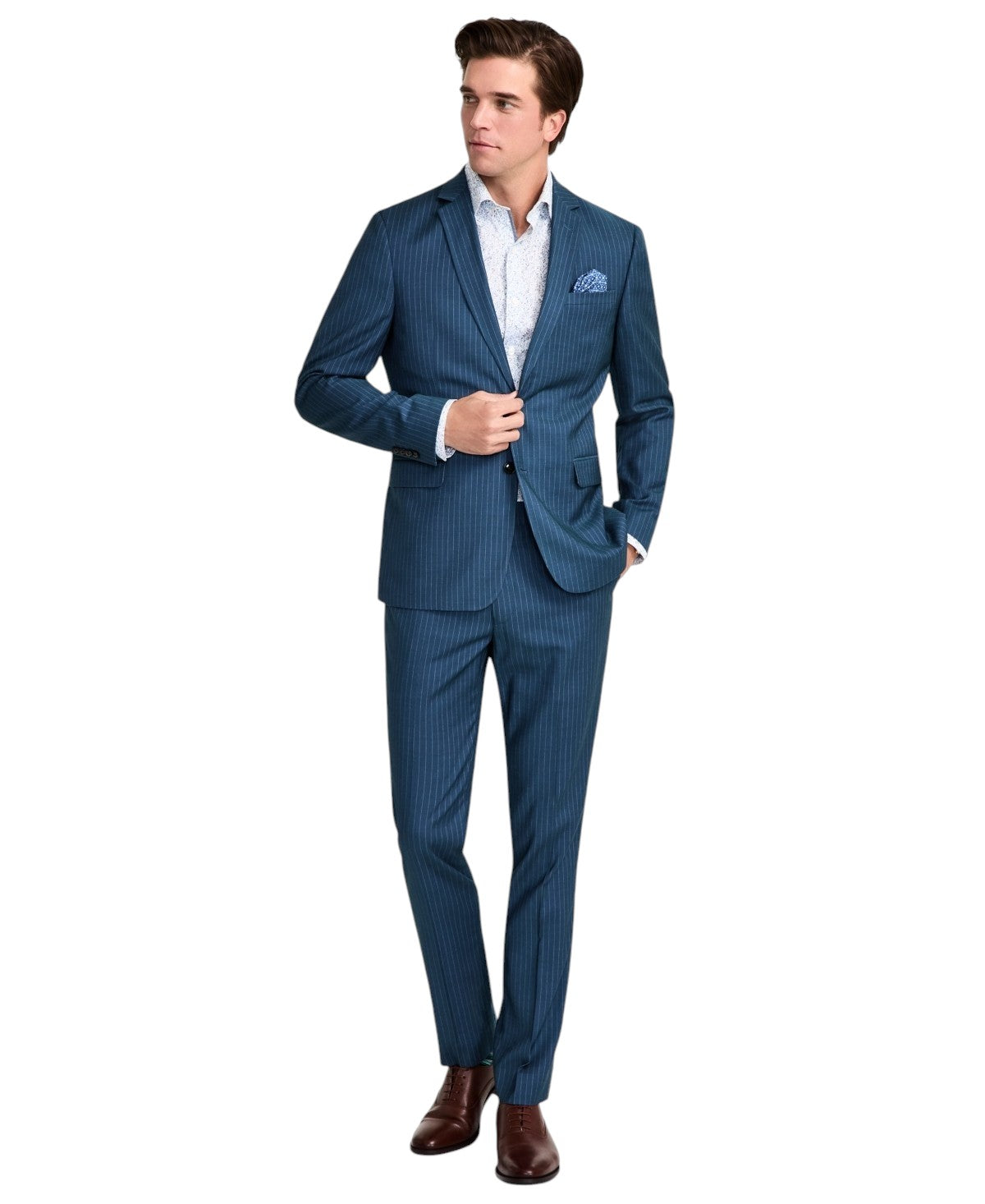 Nick Graham Mens Slim 2 Piece Suit 48 L / 43 Waist Teal Green Striped Stretch
