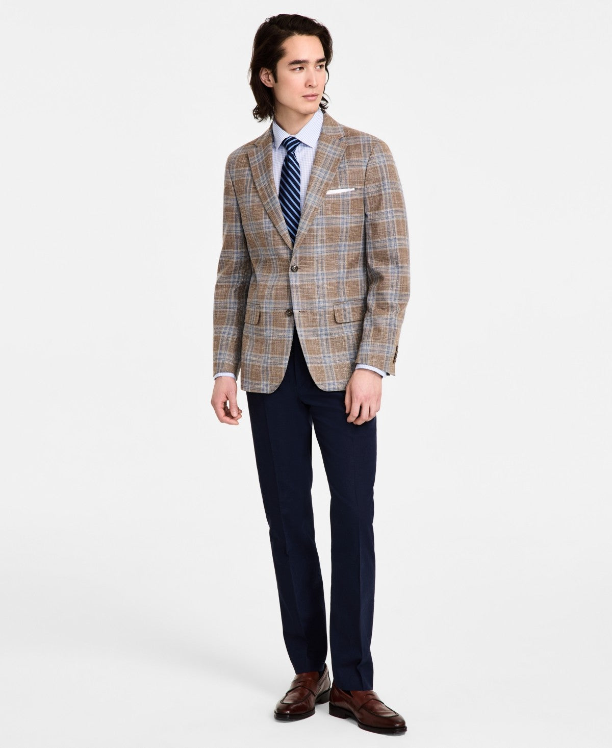 Tommy Hilfiger Mens Modern fit Sport Coat Blazer 48 R Beige Plaid Stretch