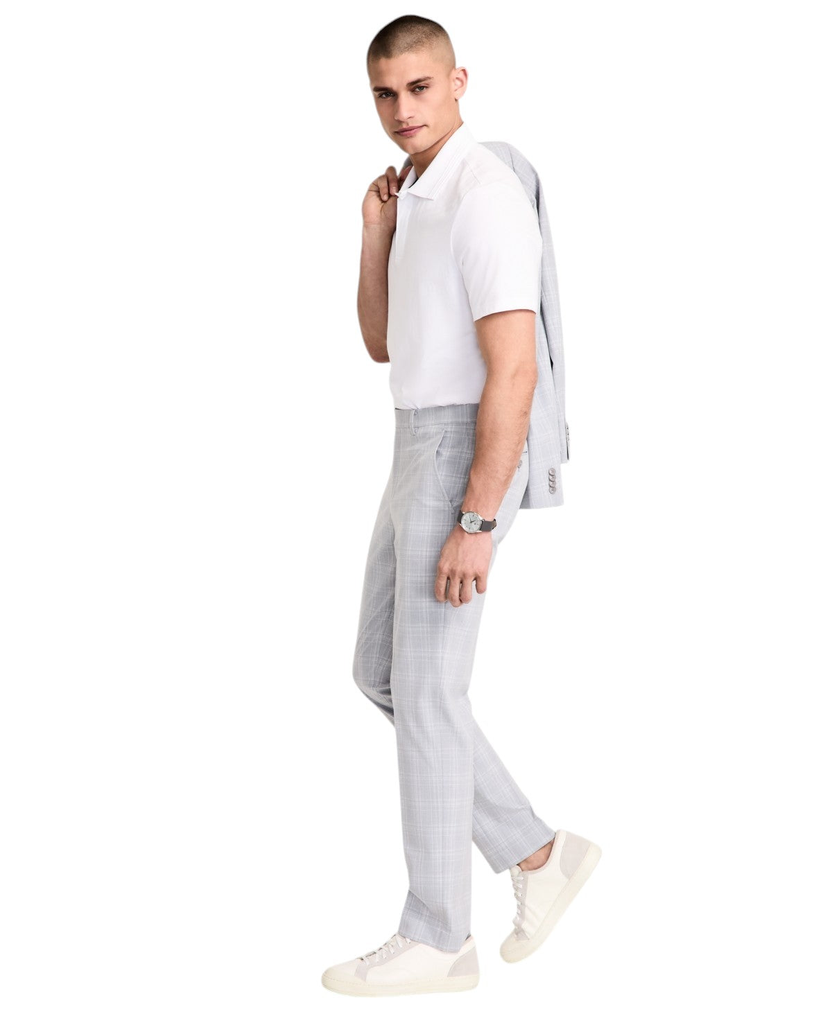 Alfani Mens Slim fit Dress Pants 33 / 32 Light Grey Plaid Stretch