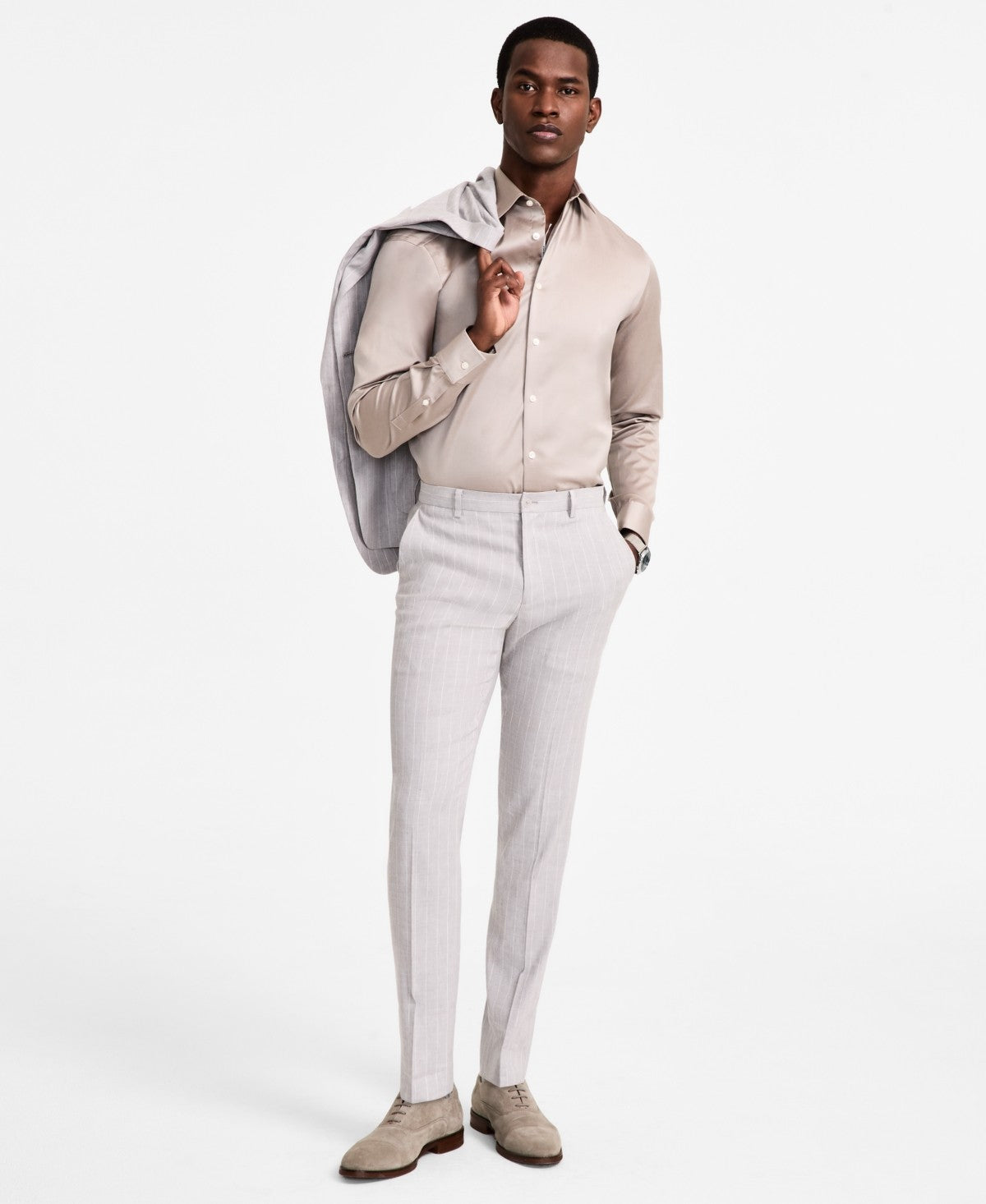 Calvin Klein Mens Skinny fit Dress Pants 33 / 30 Light Grey Striped Stretch Linen