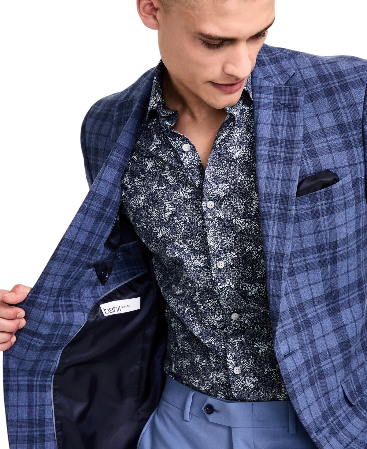 Bar Iii Mens Slim fit Sport Coat Blazer 36 R Multi Blue Plaid Linen