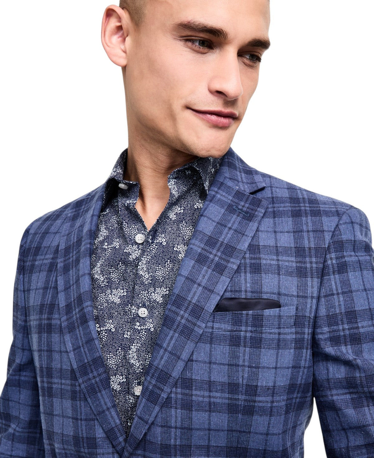 Bar Iii Mens Slim fit Sport Coat Blazer 36 R Multi Blue Plaid Linen