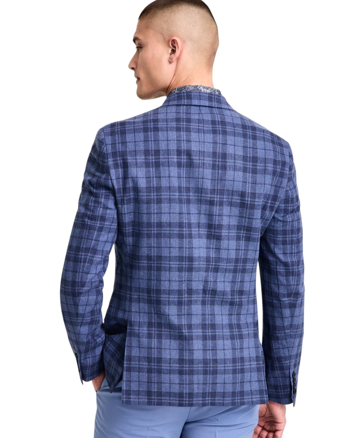 Bar Iii Mens Slim fit Sport Coat Blazer 36 R Multi Blue Plaid Linen