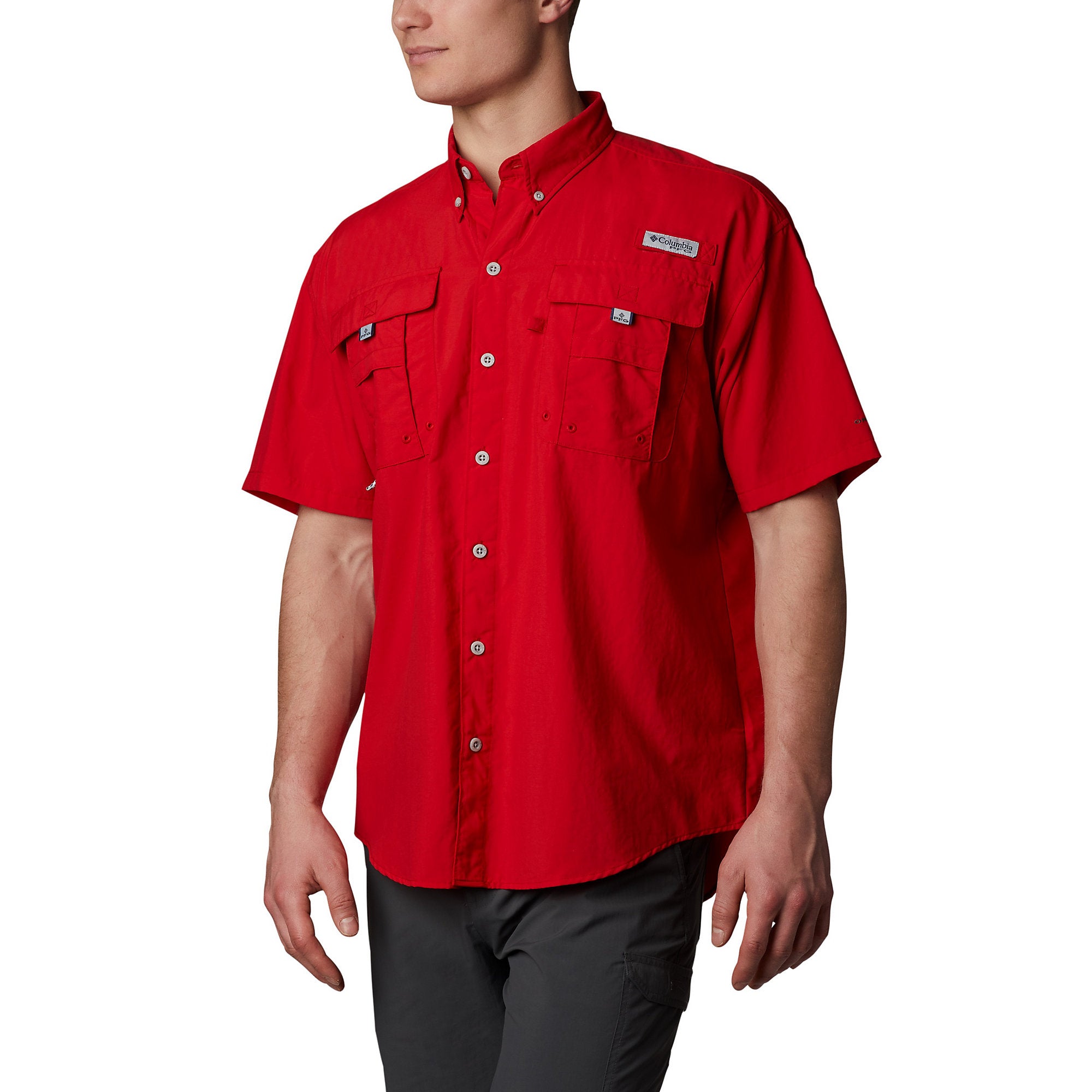 Columbia Men Regular fit Short Sleeve Button-Up Shirt Small Red Solid