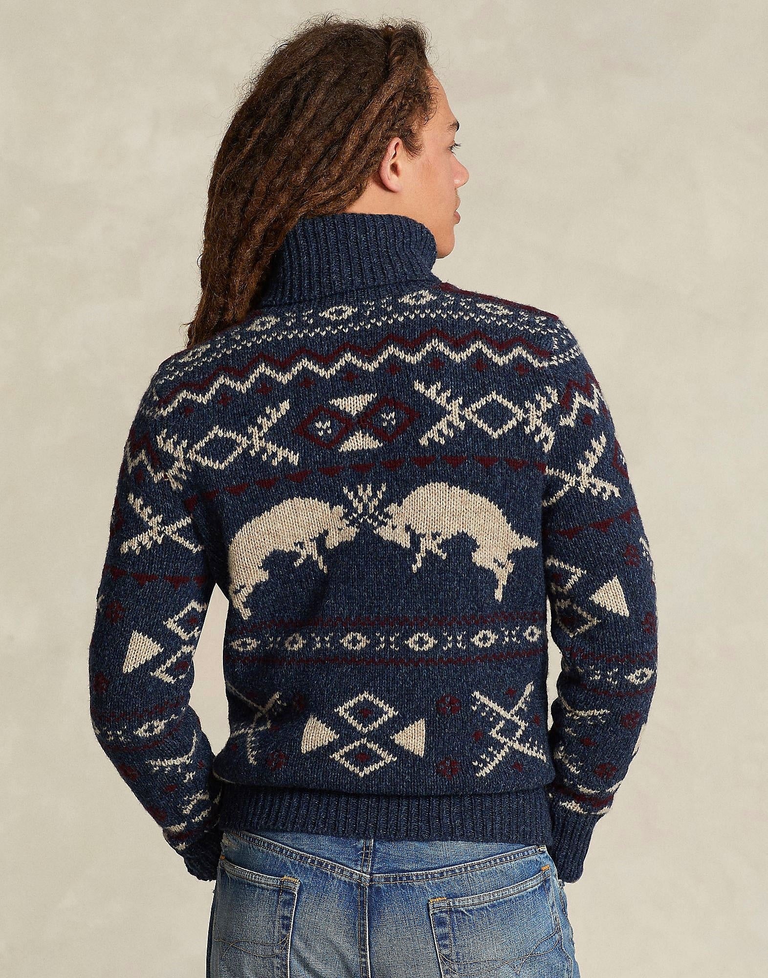Polo Ralph Lauren Mens Wool Cashmere Patterned Turtleneck Sweater Medium Navy