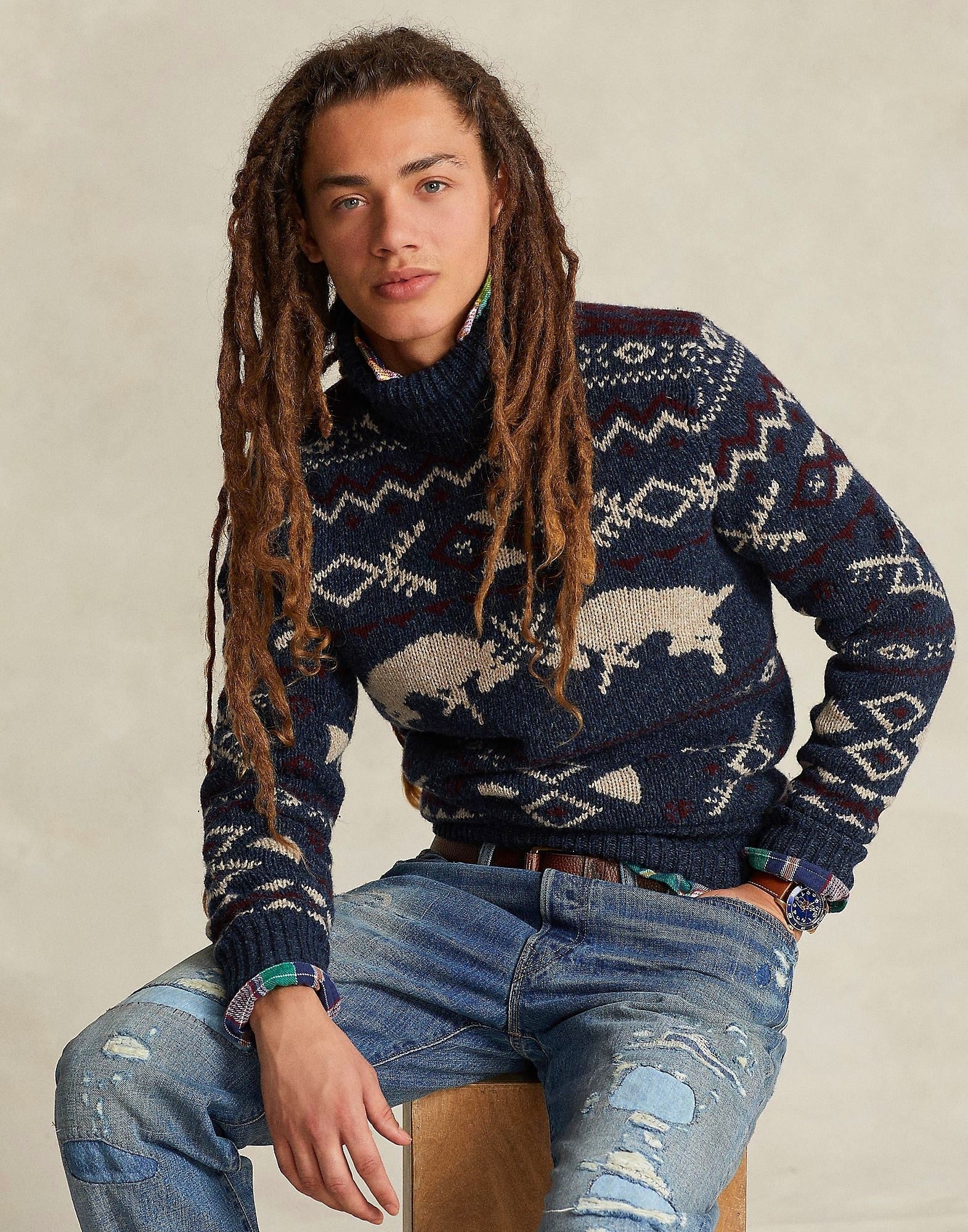 Polo Ralph Lauren Mens Wool Cashmere Patterned Turtleneck Sweater Small Navy