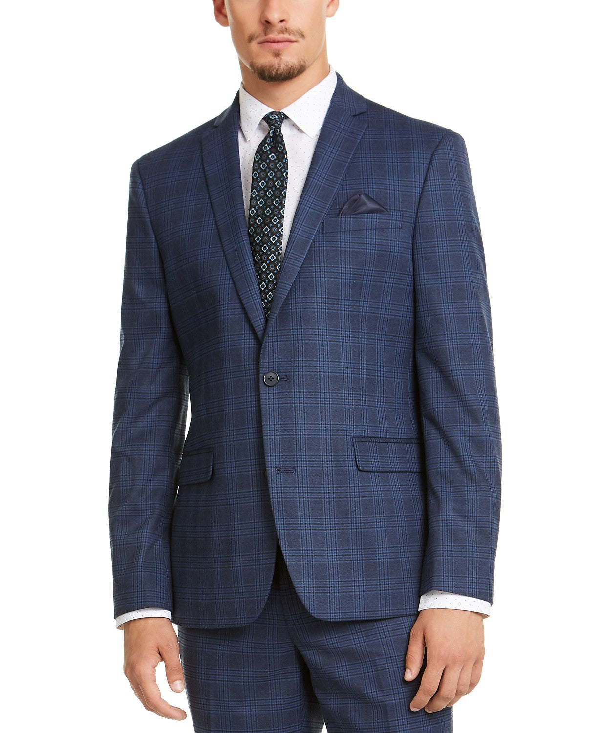 Bar Iii Mens Slim fit Sport Coat Blazer 42 R Navy Blue Plaid Stretch