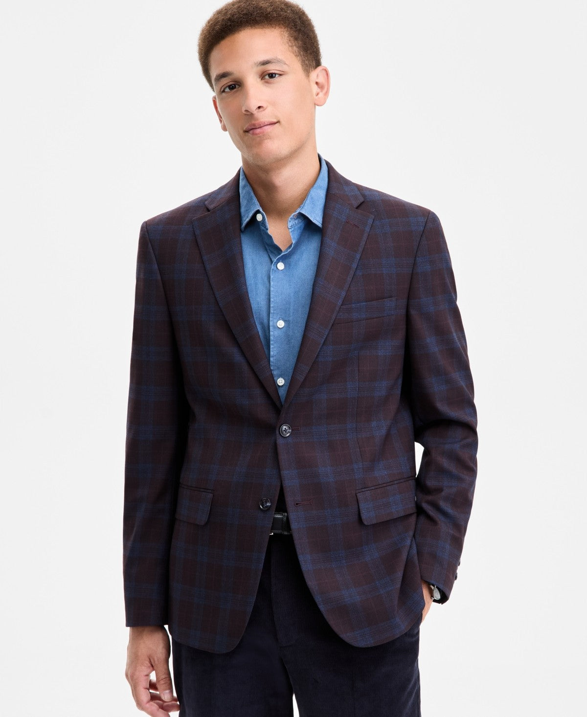 Tommy Hilfiger Mens Modern fit Sport Coat Blazer 44 L Burgundy Red Plaid