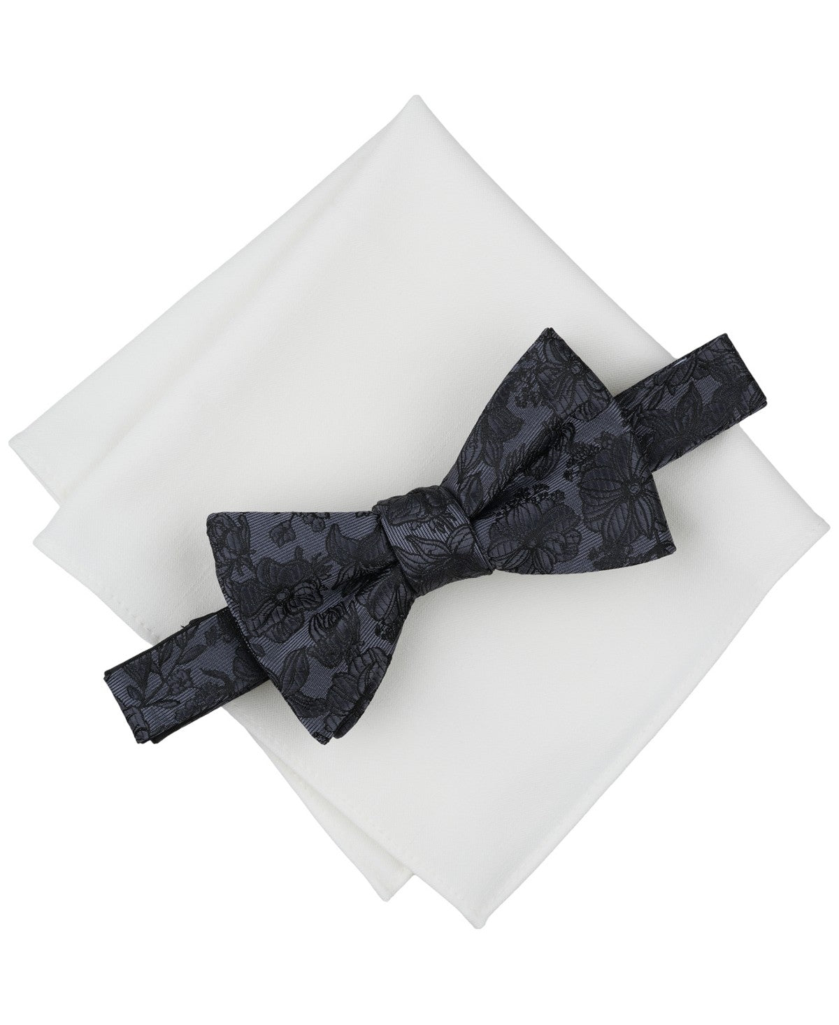 Bar III Mens Floral Bow Tie Solid Pocket Square Set Black