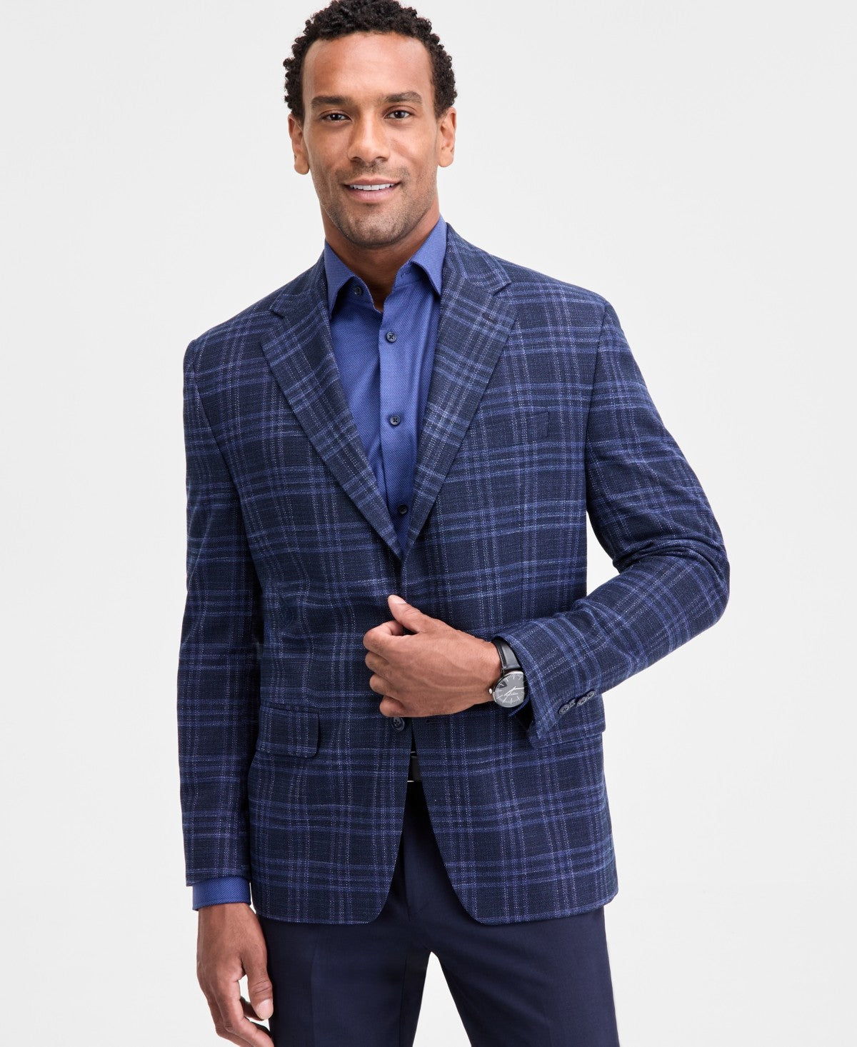 Michael Kors Men's Classic-Fit Stretch Sport Coat 44L Midnight Navy Blue Plaid