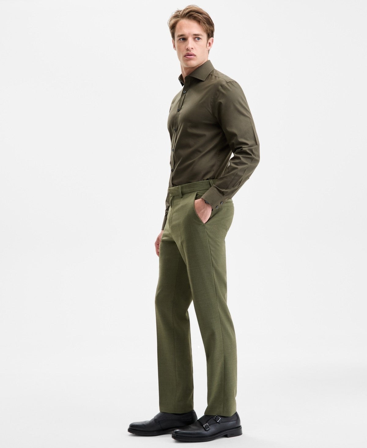 Hugo Boss Mens Modern fit  Wool Dress Pants 30 / 32 Green Solid