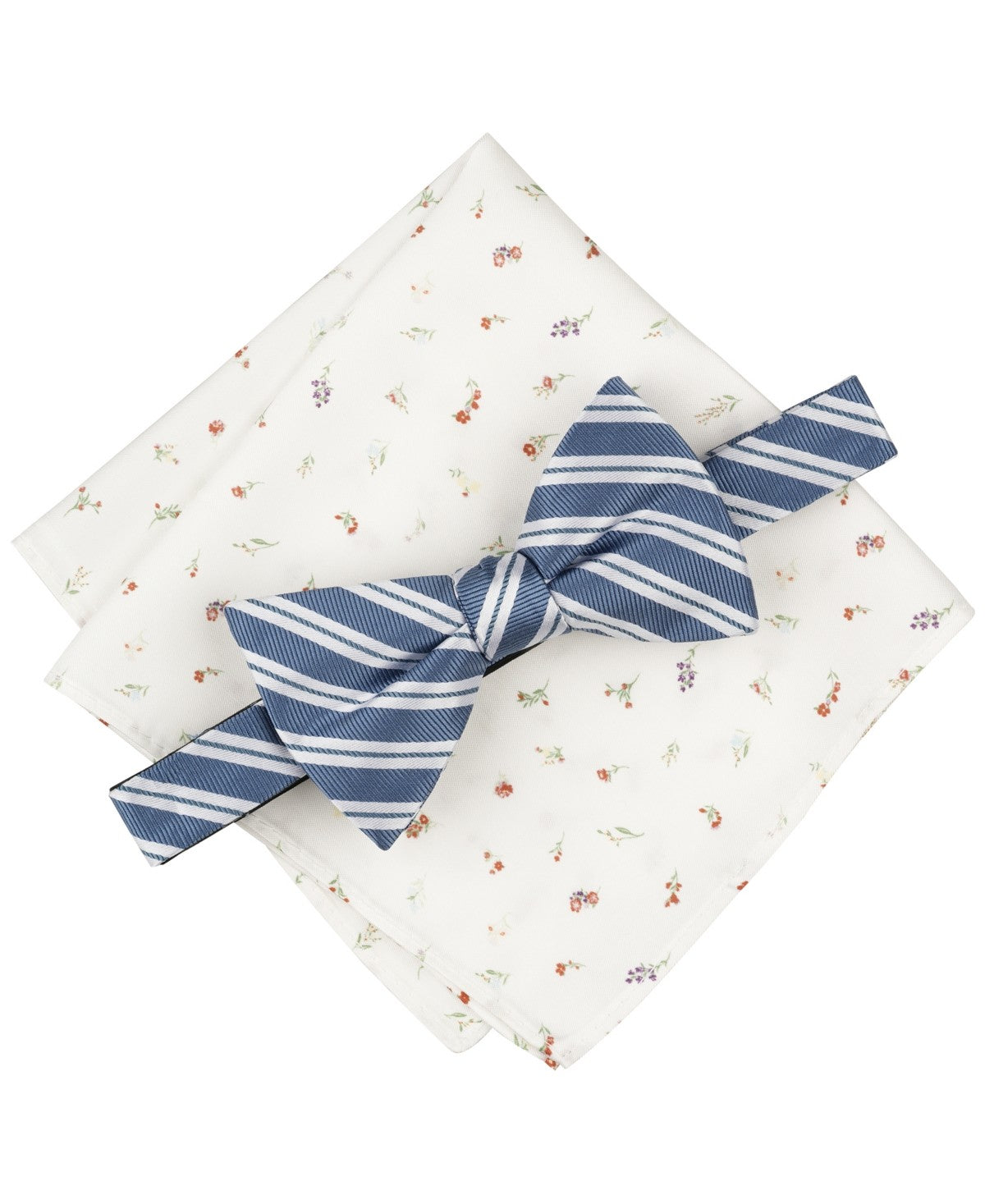 Bar III Mens Varsity Stripe Bow Tie & Floral Pocket Square Set Blue Denim