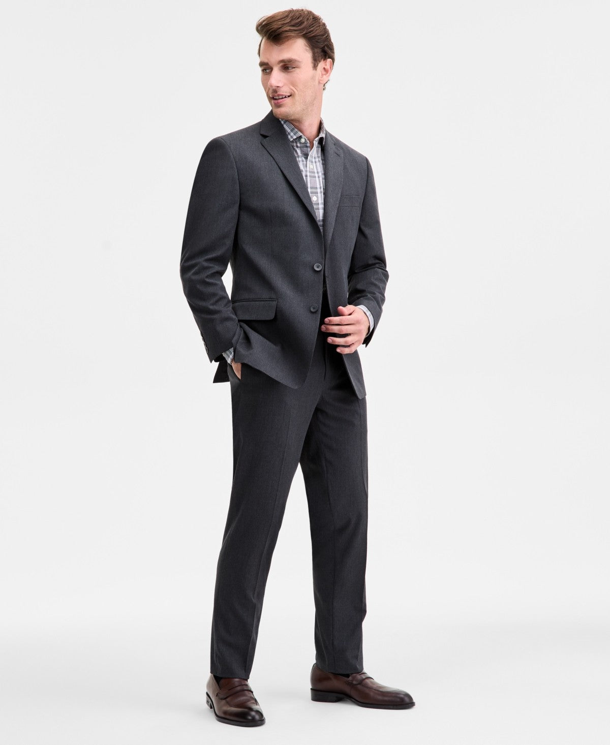 Izod Mens Classic fit 2 Piece Suit 40 S / 34 Waist Charcoal Grey Solid Stretch