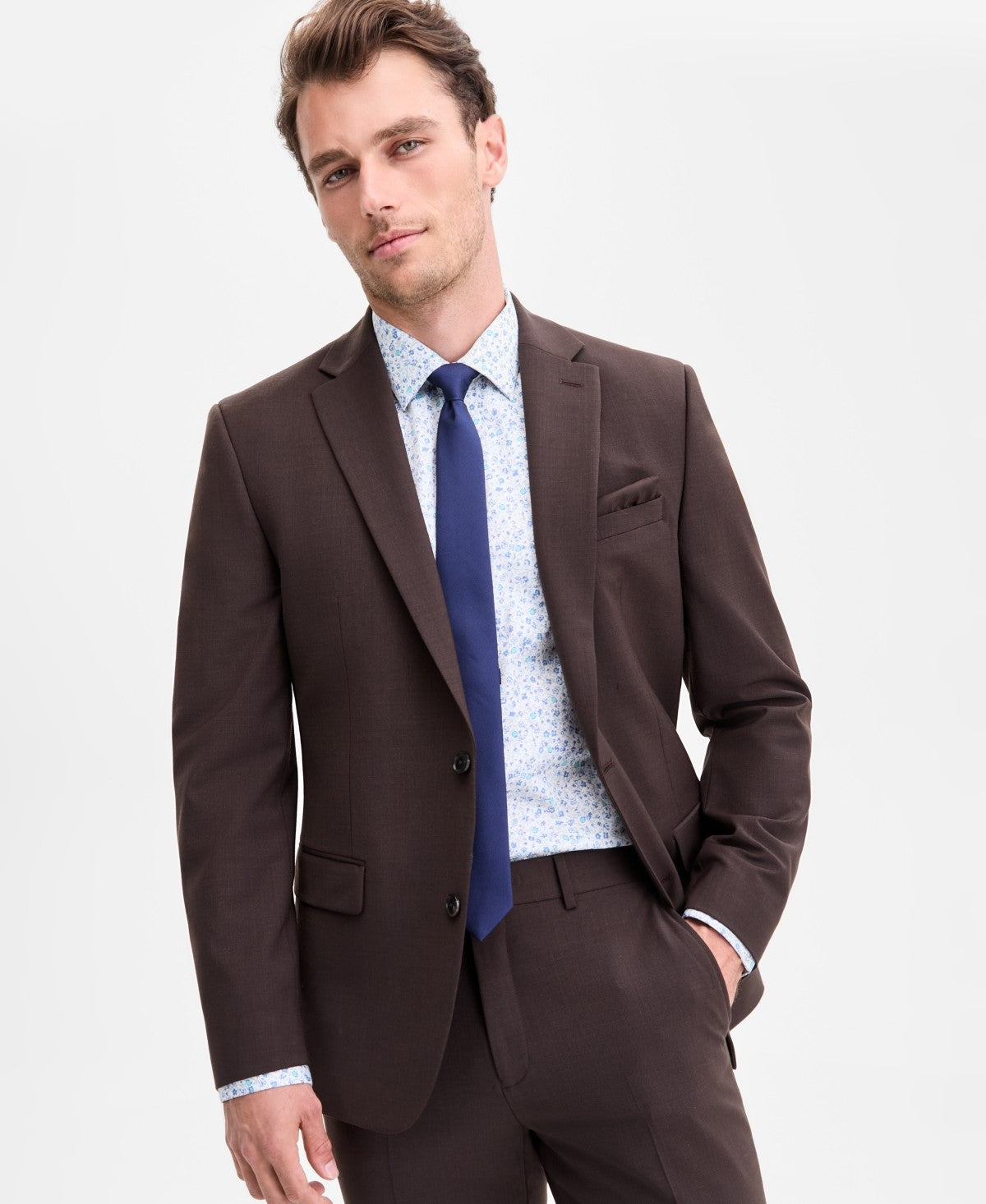 Bar Iii Mens Slim fit Suit Jacket Blazer 40 S Brown Solid Stretch