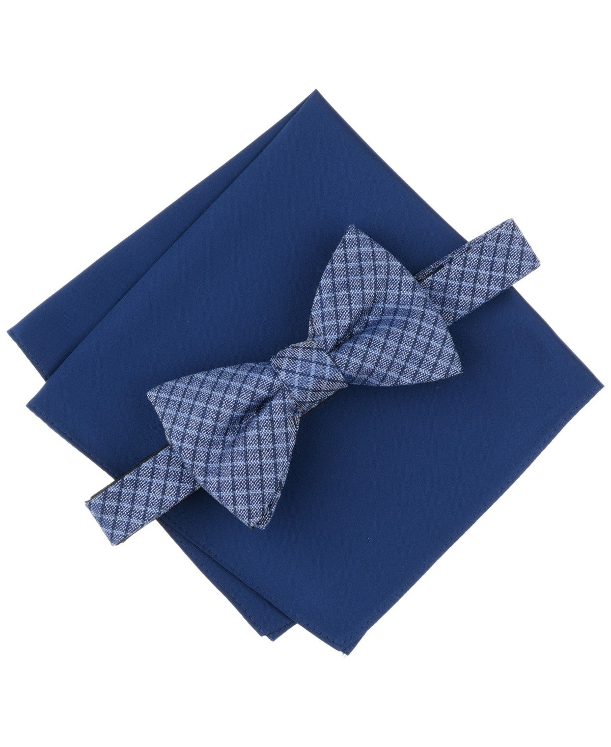 Alfani Mens Huron Plaid Bow Tie Solid Pocket Square Set Blue Navy