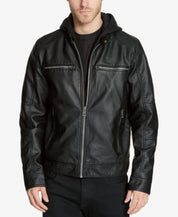 GUESS Mens Casual Faux Leather Jacket Coat Large Black Hooded Solid