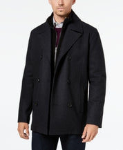KENNETH COLE Men's Double Breasted Wool Blend Peacoat with Bib Charcoal Grey XL