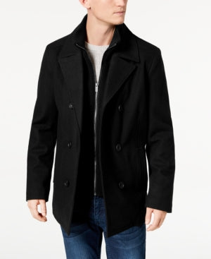 Kenneth Cole Men's Double Breasted Wool Blend Peacoat with Bib Medium Black