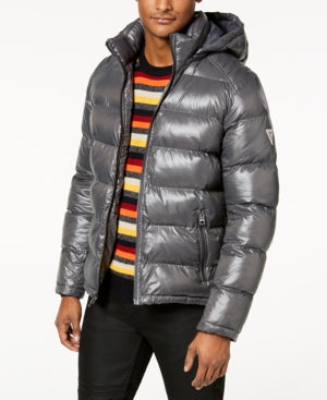 Guess Mens Puffer Jacket Coat Large Grey Solid