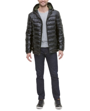 Cole Haan Men's Black Faux Leather Puffer Coat Medium