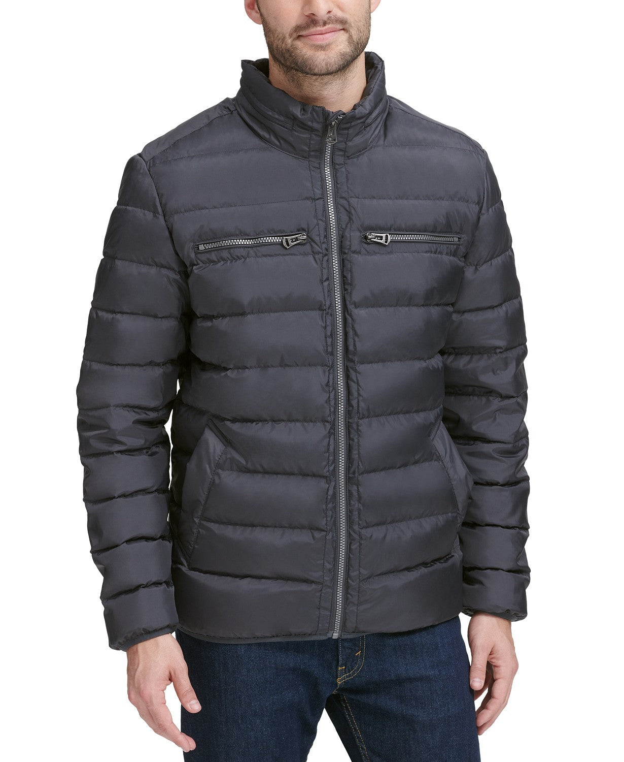 Cole Haan Mens Quilted Zip-Front Jacket Grey Large