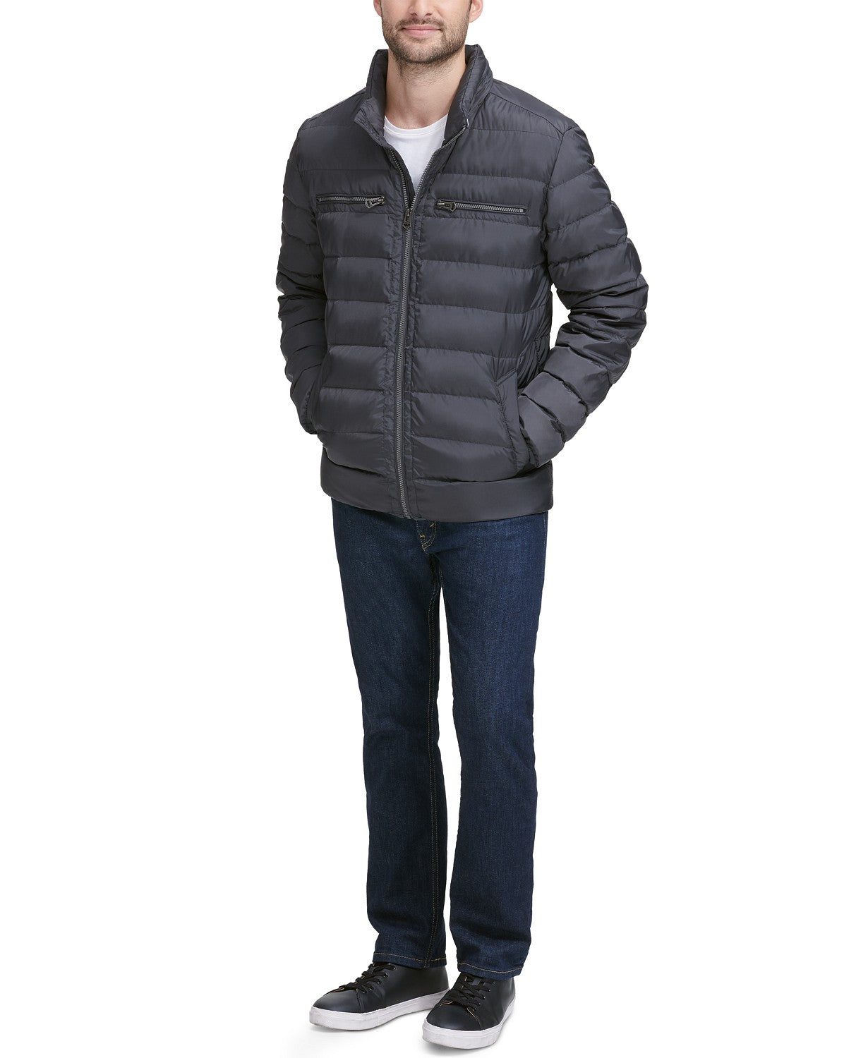 Cole Haan Mens Quilted Zip-Front Jacket Grey Large