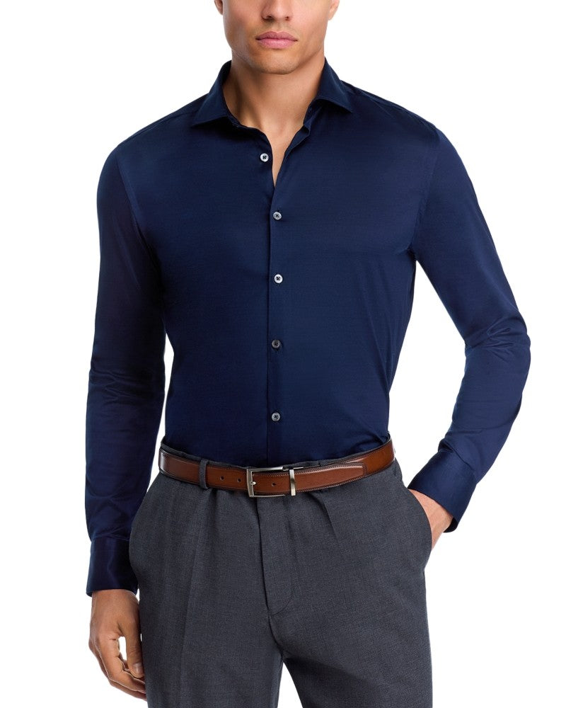 Canali Mens Slim fit Button-Up Shirt XL Navy Blue Solid Stretch