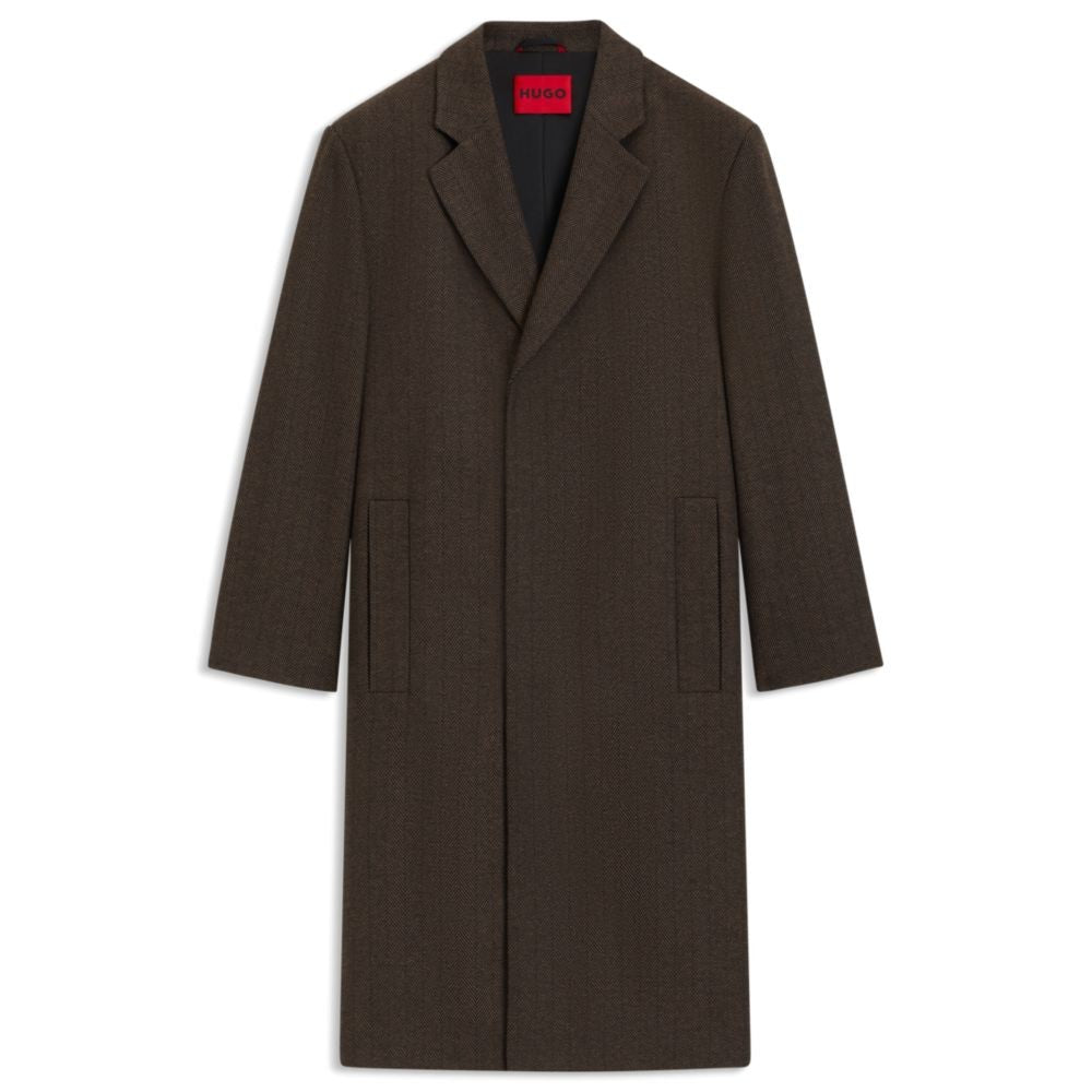Hugo Boss Mens Wool Modern-Fit Herringbone Overcoat Coat XL Brown