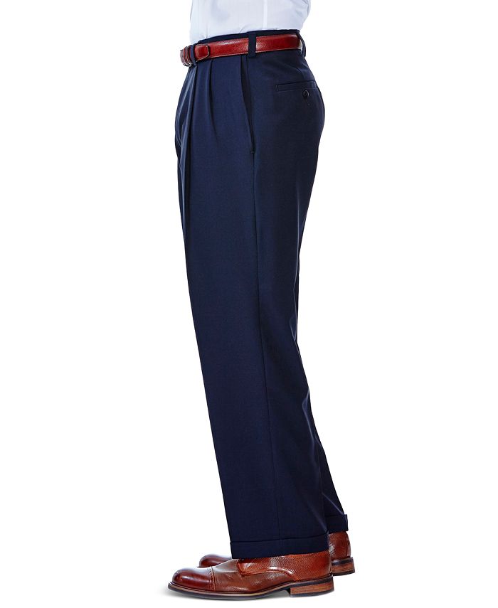 Haggar Men's Classic Fit Pleated Expandable Waistband Dress Pants Blue 34 x 32