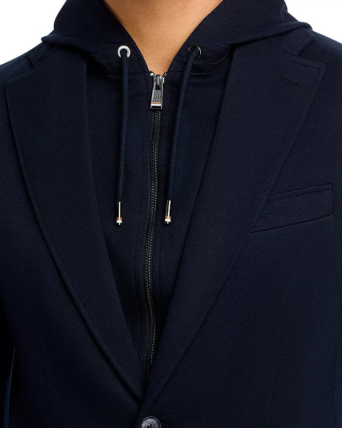 HUGO BOSS Hanry Slim Fit Jersey Sport Coat Removable Hood Size 44 R Navy Blue