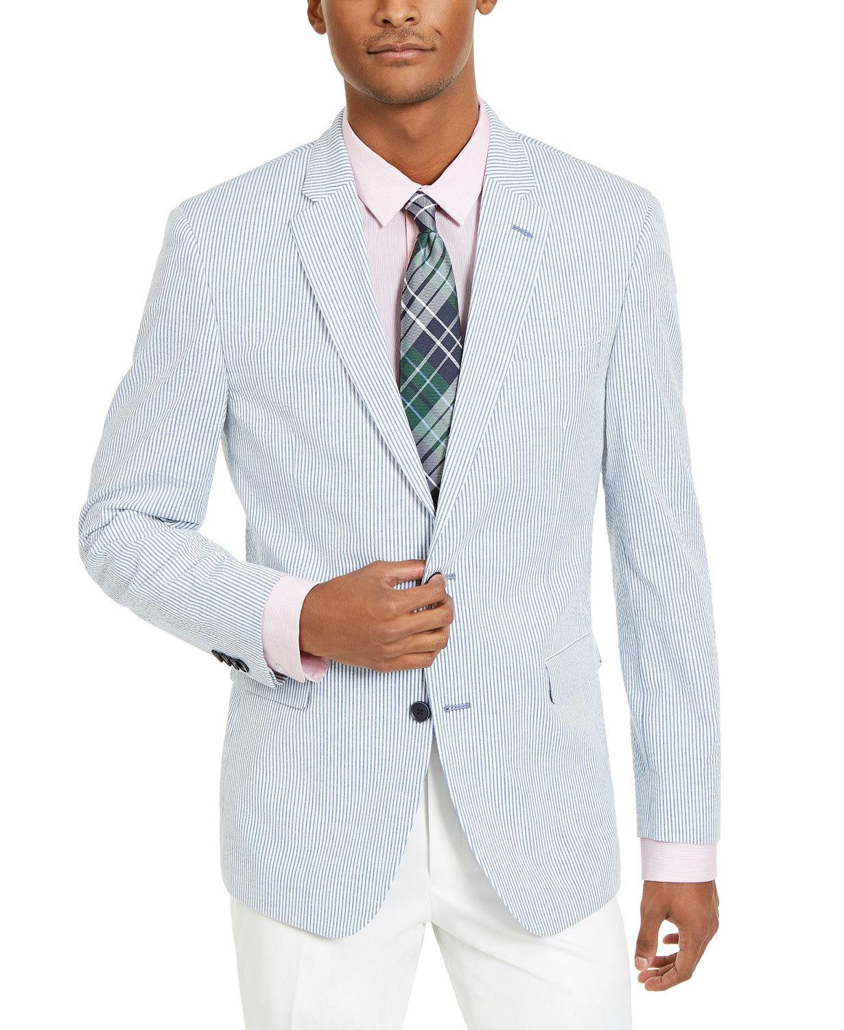 Tommy Hilfiger Men's Modern-Fit Stretch Seersucker Blazer Blue White 38