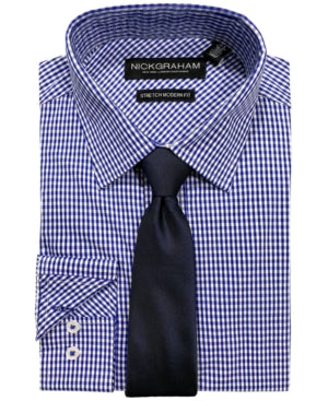 Nick Graham Modern-Fit Button Down Dress Shirt Navy Blue Check 16 16 1/2 32 33