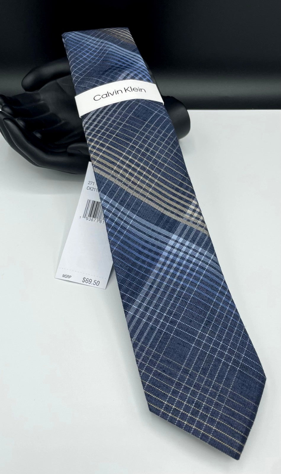 Calvin Klein Mens Kevin Plaid Neck Tie Navy