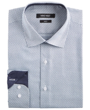 Nine West Men's Slim fit White and Navy Print Dress Shirt 18-18.5 / 34-35